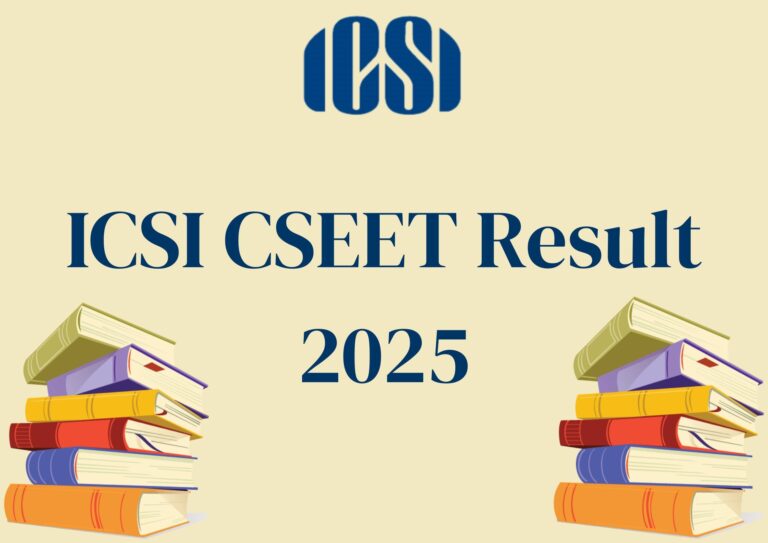 ICSI CSEET Result 2025 announcement graphic with the ICSI logo at the top, bold blue text in the center, and stacks of colorful books on both sides, set against a light beige background.